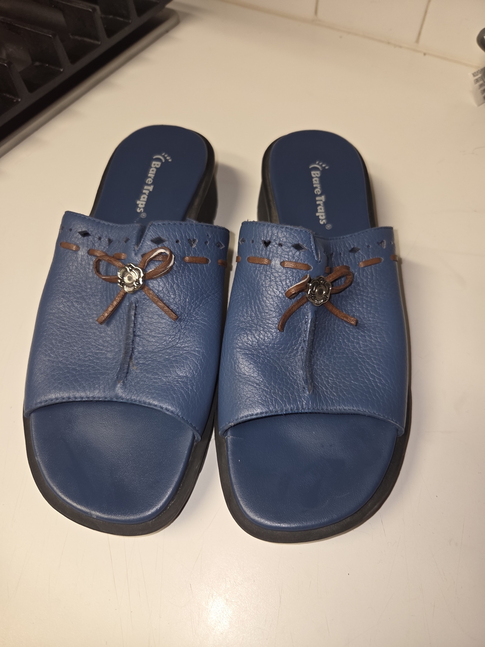 BareTraps Delilah Blue Slide Sandals with Decorative Bow